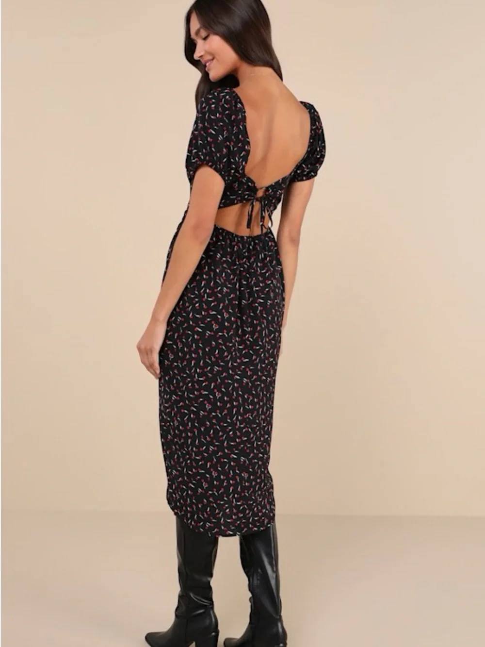 Lulus Compelling Flirt Black Floral Lace-Up Puff Sleeve Midi Dress Size S NWT - Picture 3 of 11